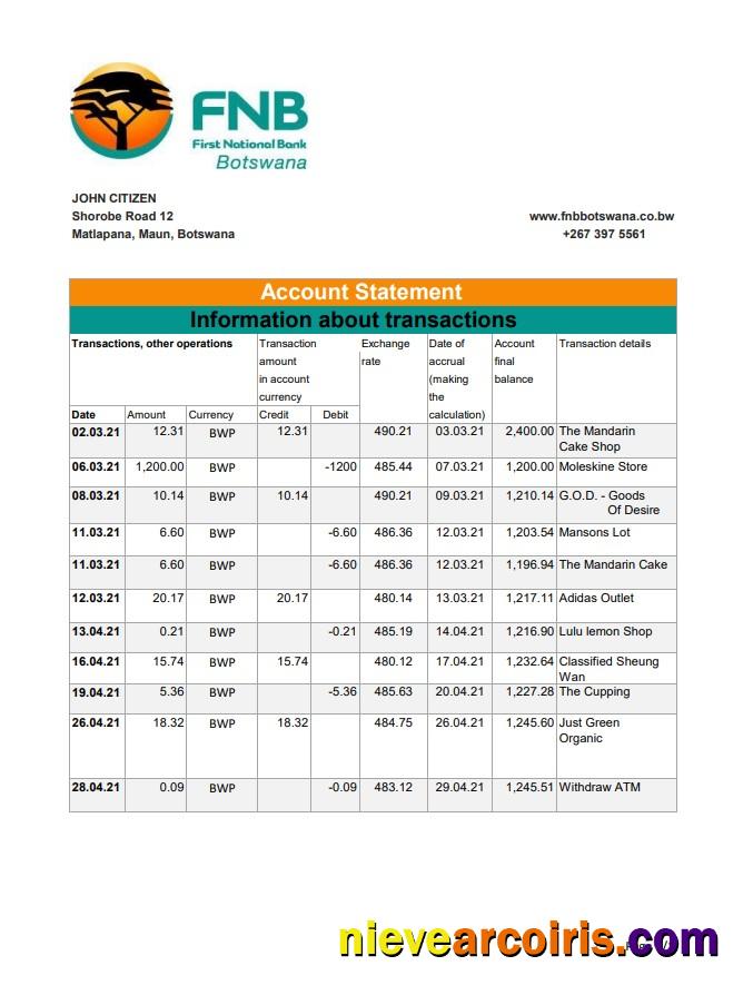 Botswana FNB of Botswana bank statement in .xls and .pdf file format